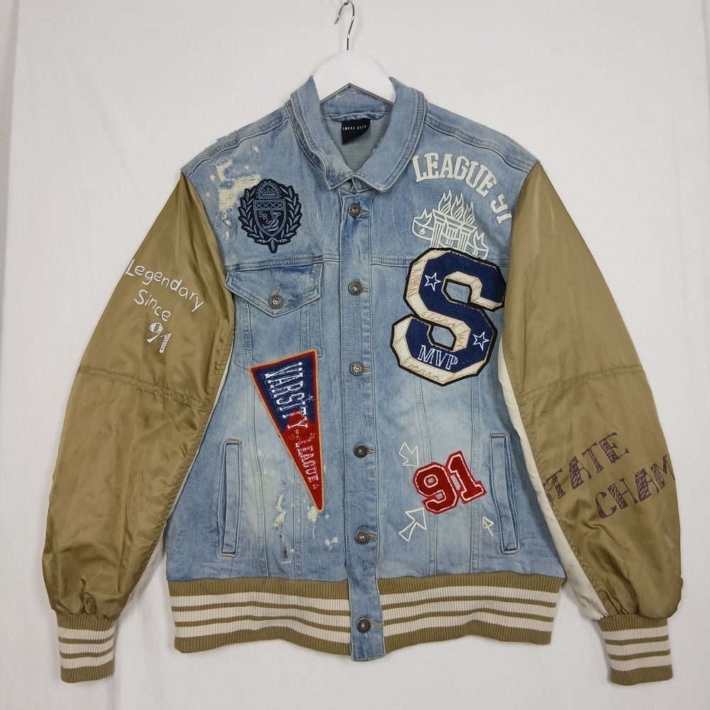 Smoke Rise Mens Varsity Denim Jacket Light Wash Patches Distressed Blue Tan L